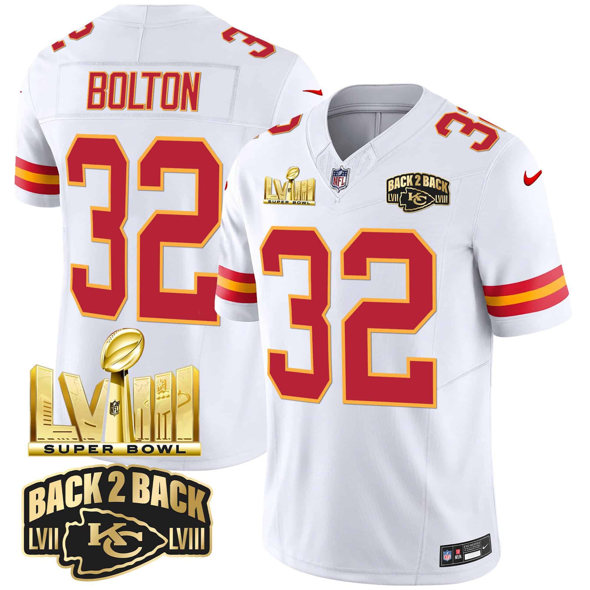 Men Kansas City Chiefs #32 Bolton White 2024 Nike Super Bowl LVIII & Back-2-Back Gold Patch Vapor NFL Jersey